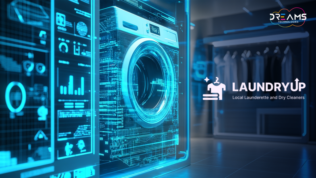 Futuristic blue-toned digital laundry concept showing a smart washing machine interface with analytics dashboards and data visualizations, alongside the LaundryUp branding for local laundrette and dry cleaning services